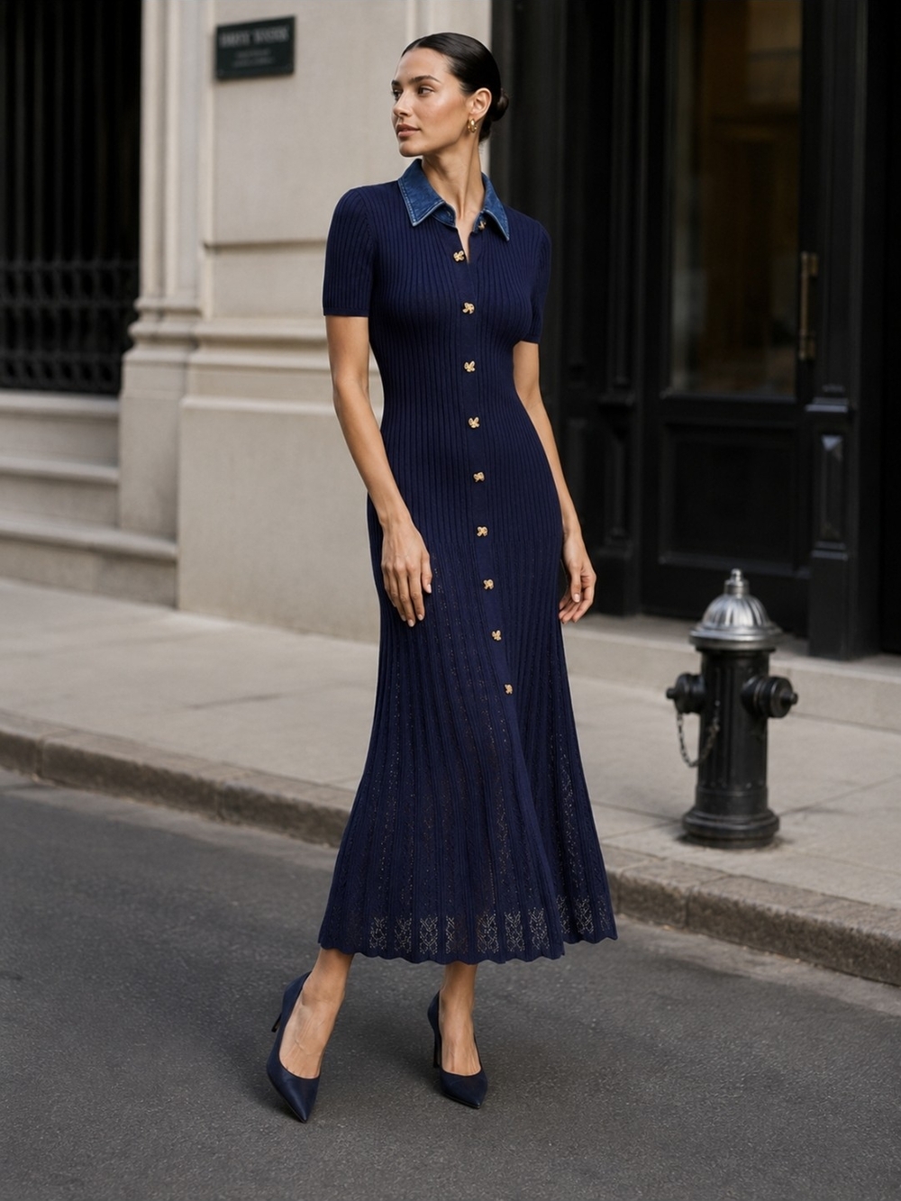 Commense Navy Knit Maxi Dress with Denim Collar and Gold Buttons